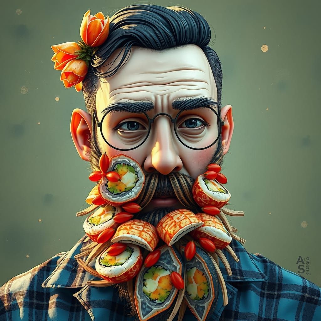 a beard made entirely off sushi