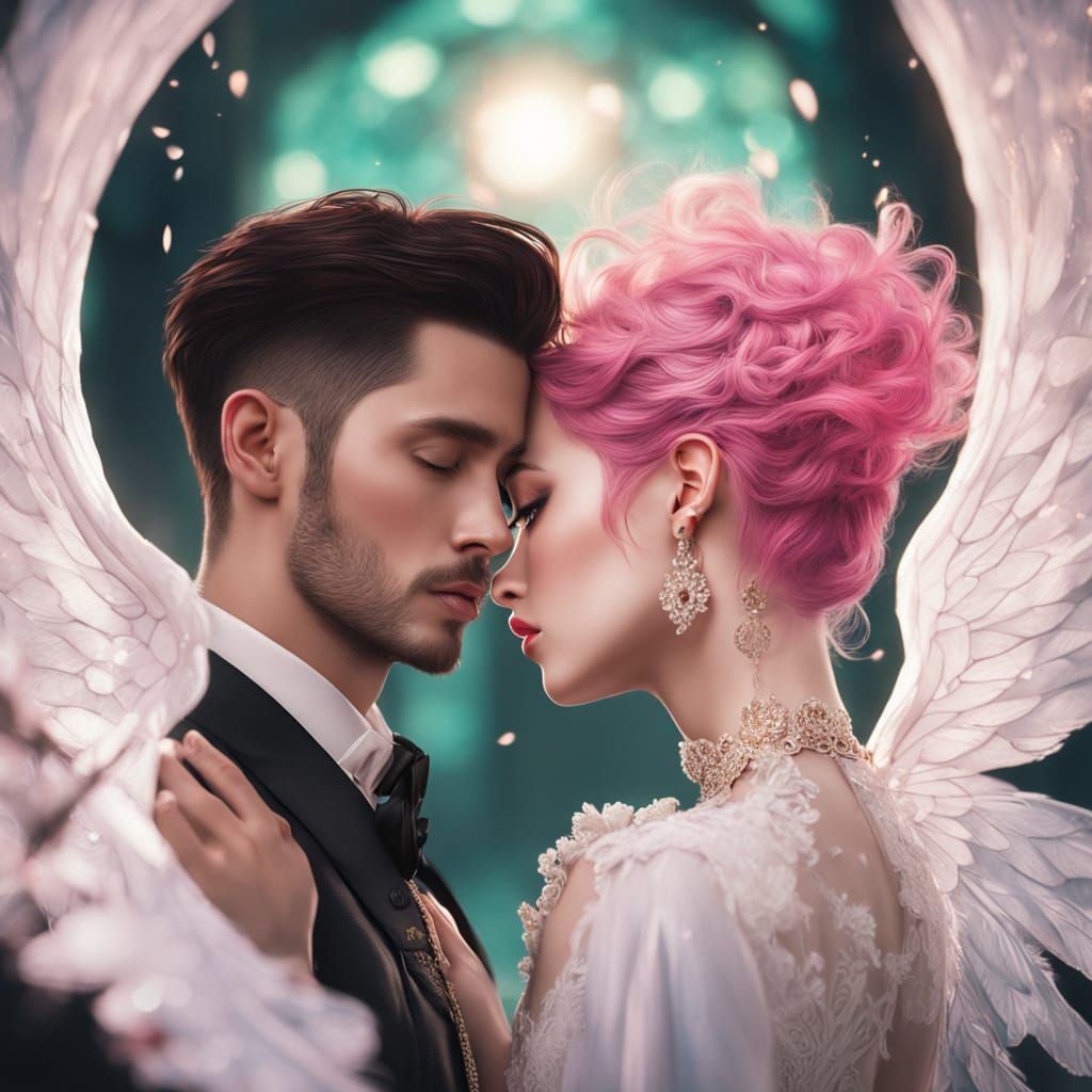 Angelic Couple in Romantic Embrace