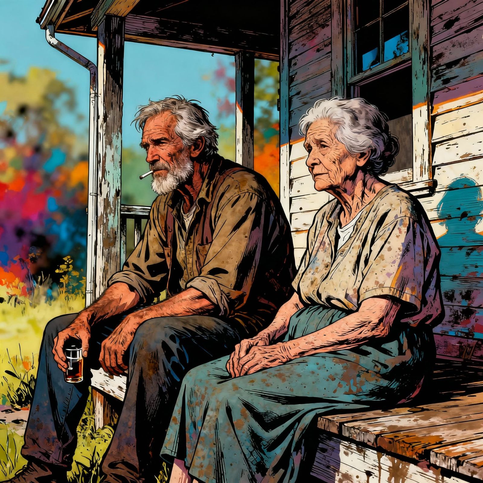 Elderly Couple with Alzheimer's on Farmhouse Porch