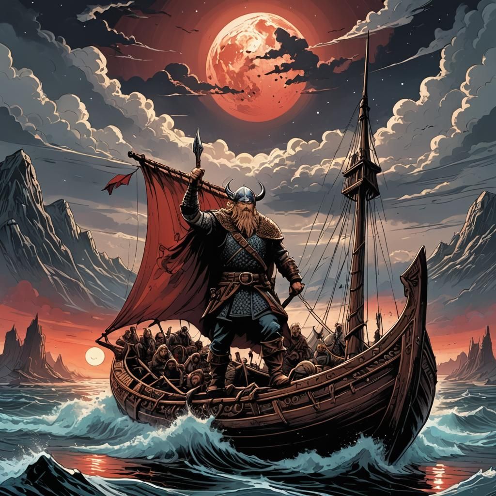 Viking Longboat Under Red Moon: Comic Book Art
