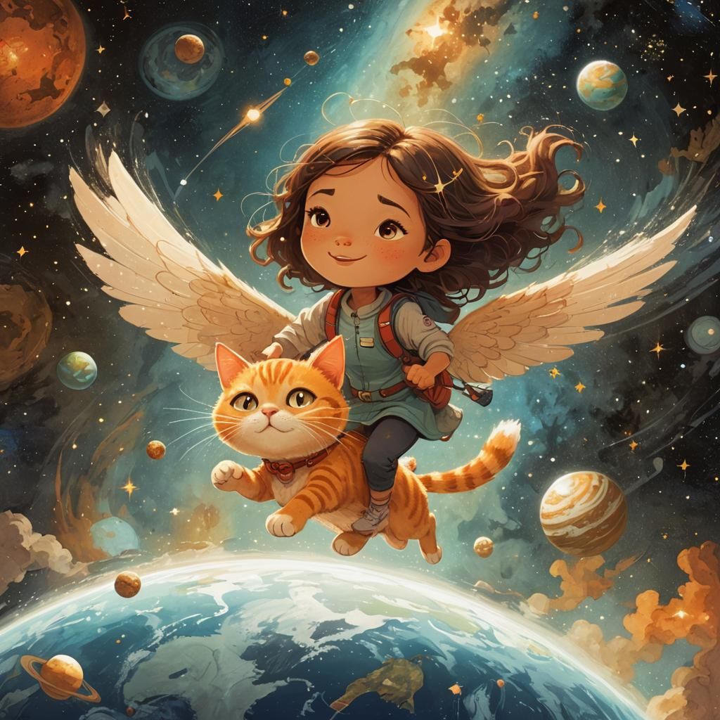 Girl and Cat Fly Through Space in Dream