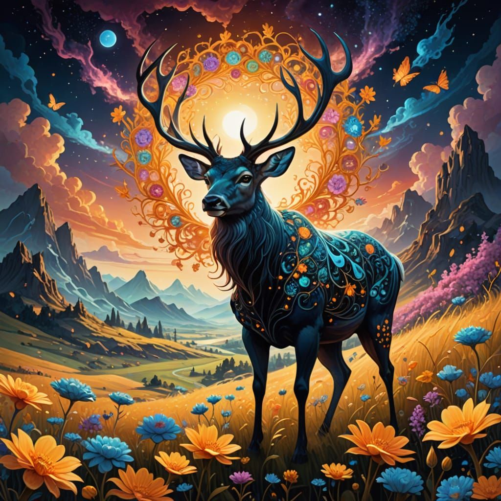 Mystical Creature Riding Celestial Stag in Dreamlike Landsca...