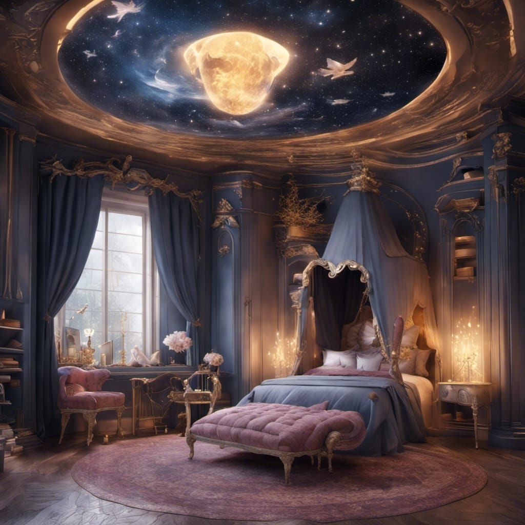 a whimsical royal bedroom straight out of a fairy tale, complete with floating furniture and twinkling stars on the ceil...