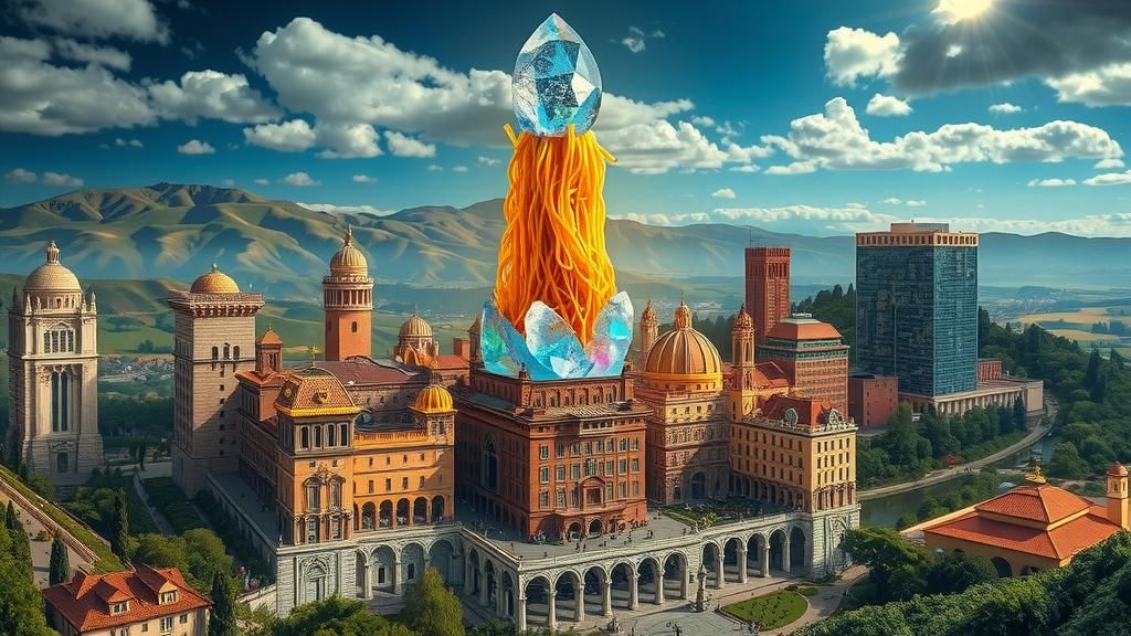 Italian Food Cityscape with Bismuth Crystal, Earth Art