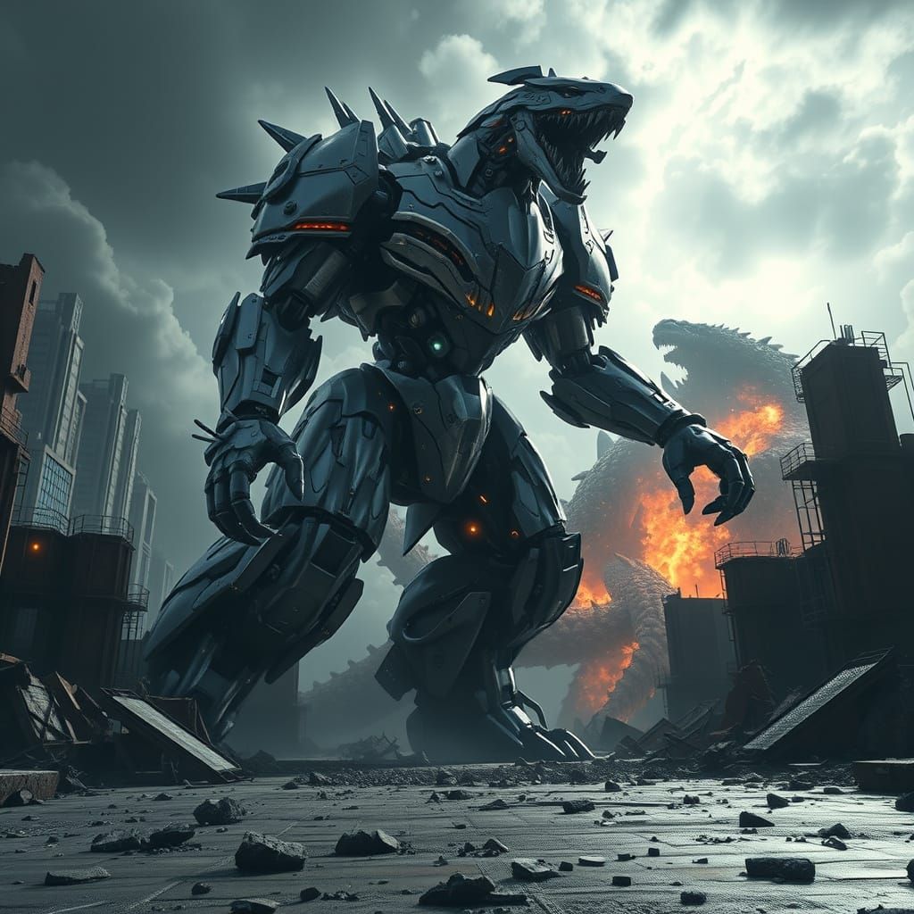 Colossal Mecha Battles Gigantic Kaiju in Futuristic City Rui...