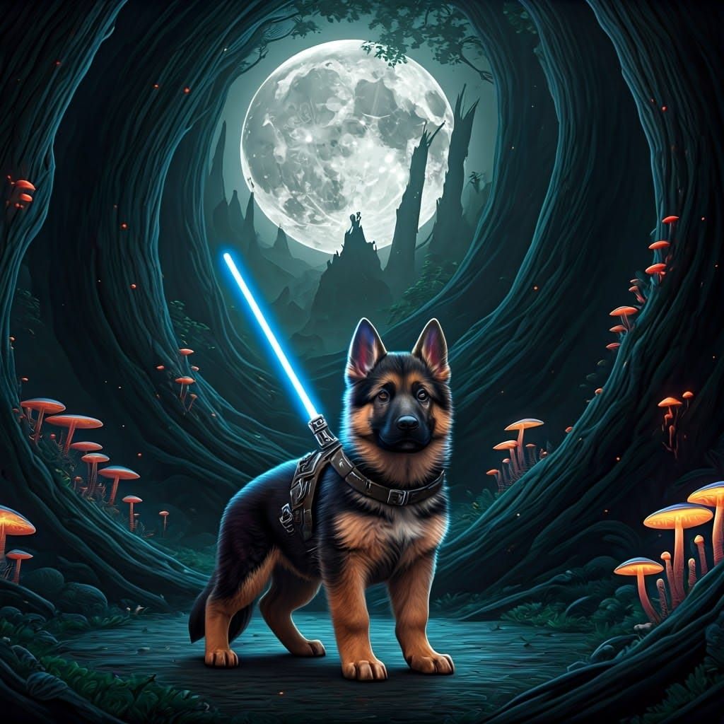 German Shepherd Puppy in Dreamlike Cyberpunk Forest