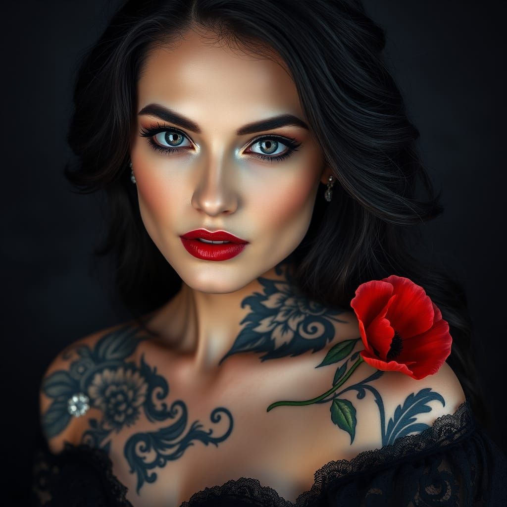 Woman with Intricate Tattoos and Red Poppy