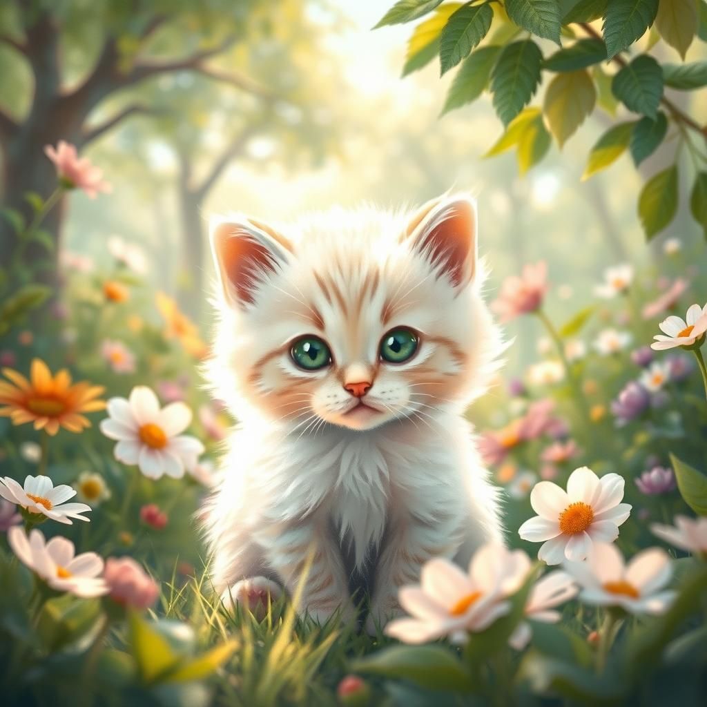 Fluffy Kitten in Vibrant Garden, Watercolor Style