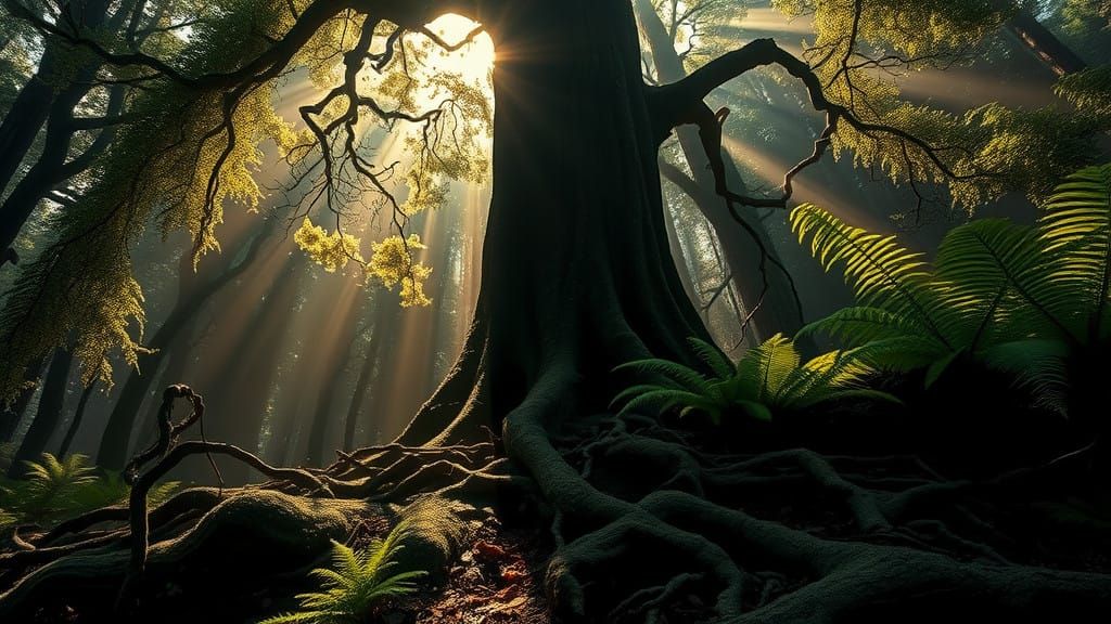 Mysterious Forest Landscape in Dramatic Shadow