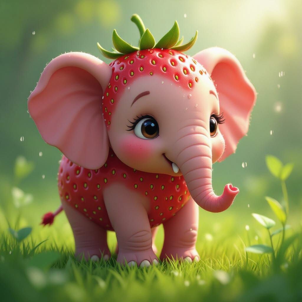 Whimsical Strawberry Elephant in Lush Meadow