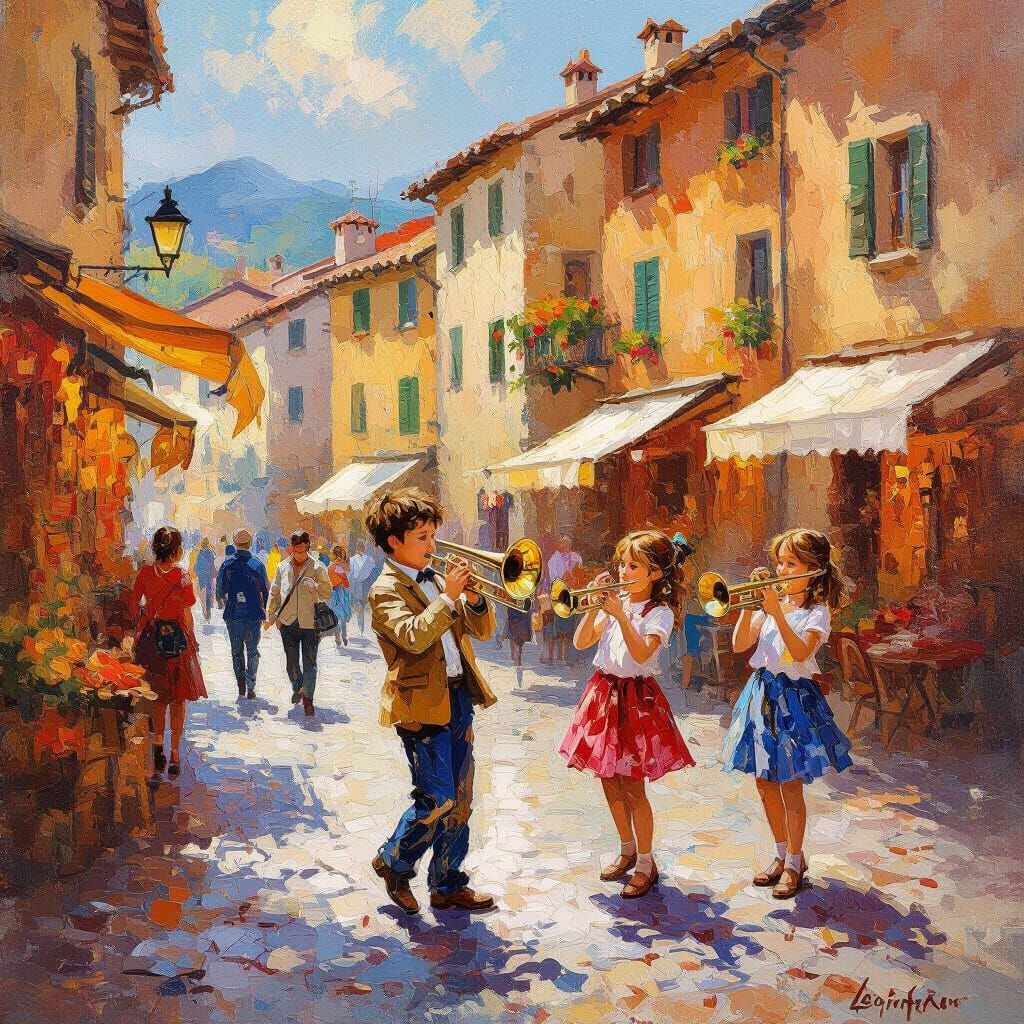 Impasto Painting of a Lively Italian Village Square