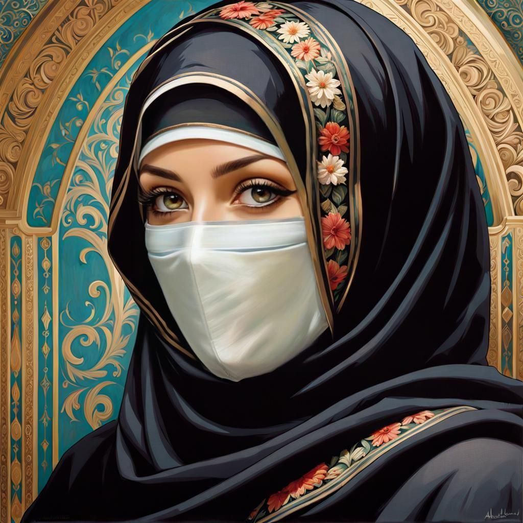 German Hijabi Woman Portrait in Art Nouveau Style