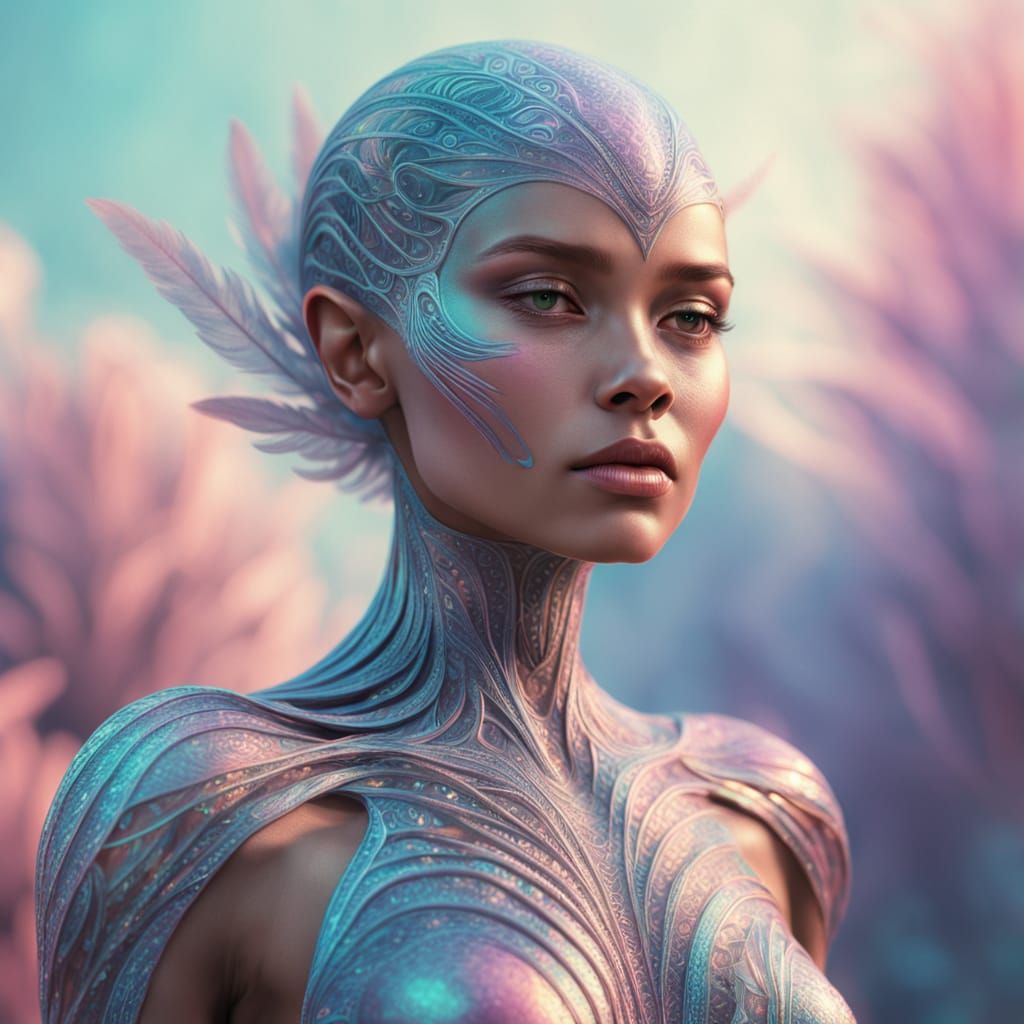 Hyperrealistic Alien Goddess in Dreamy, Ethereal Landscape