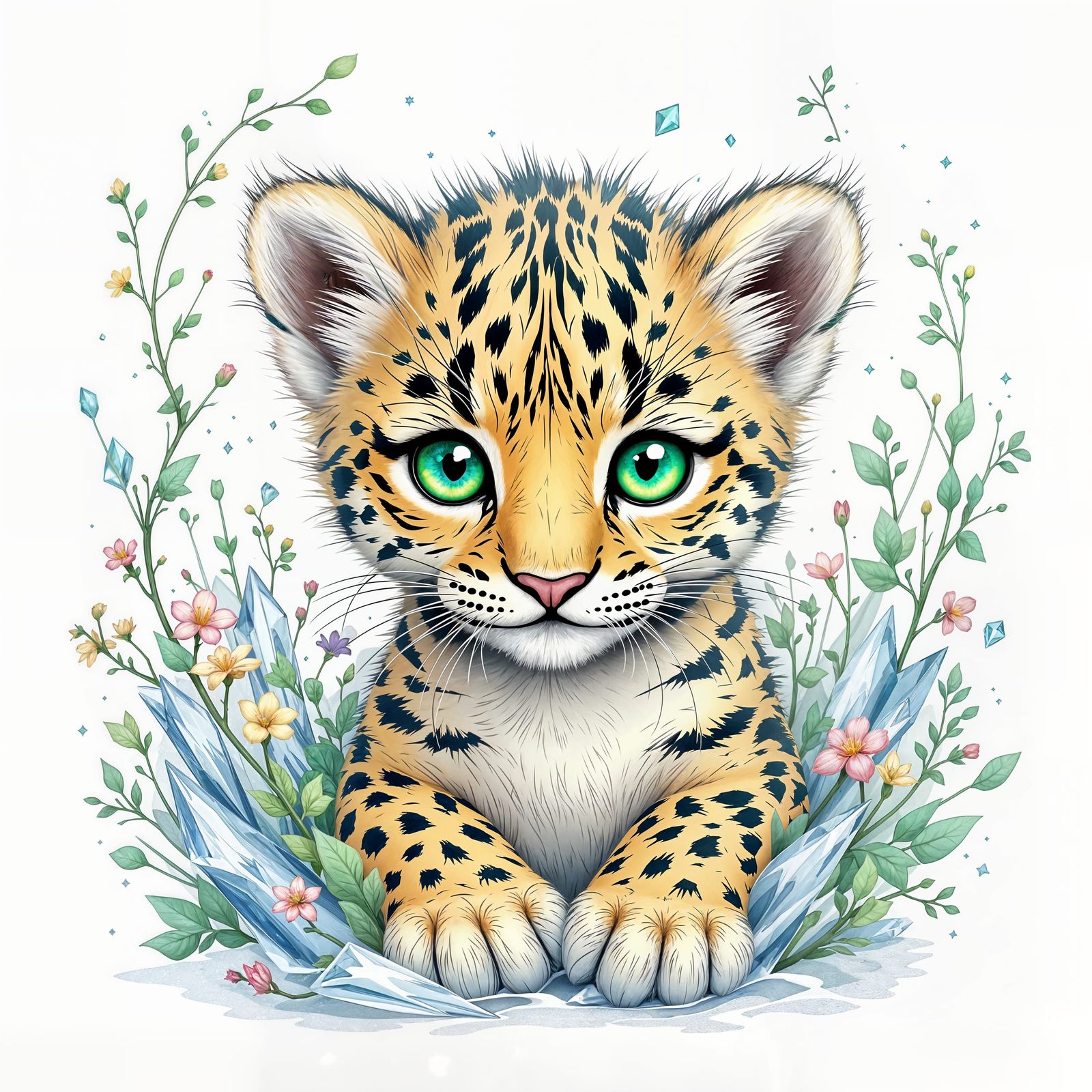 Enchanted Whimsy: Leopard Cub Amidst Spring Ice