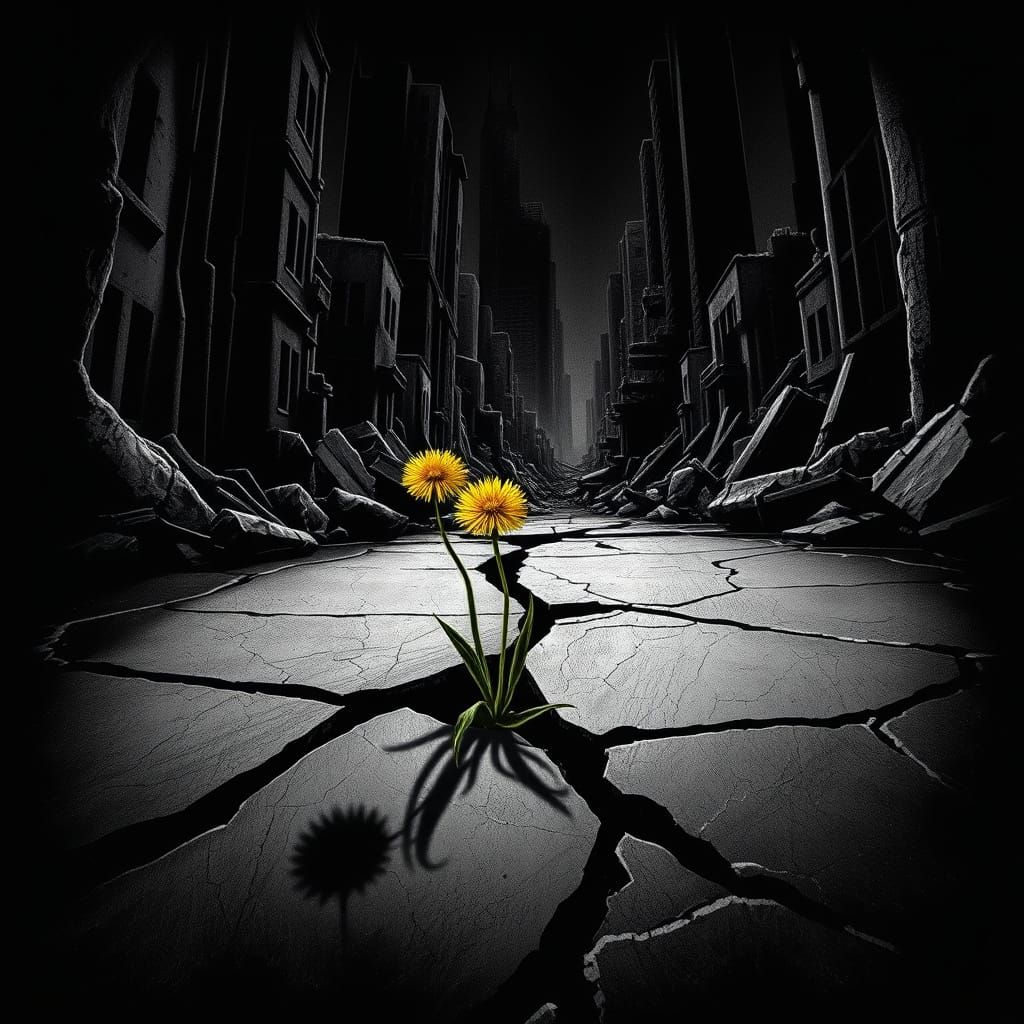 Hope Blooms in Ruins, Dystopian Cityscape