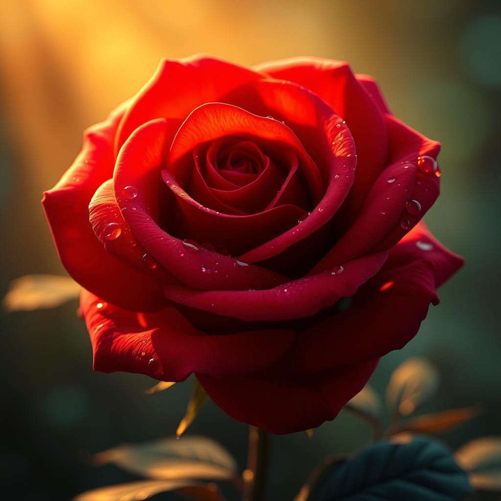 Velvety Red Rose in Warm Sunlight with Water Droplets