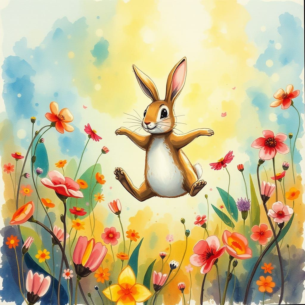 Whimsical Rabbit in Magical Meadow Watercolor Ink Painting