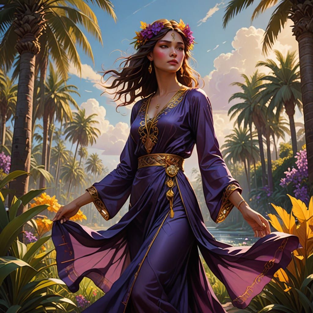 Enchanting Office Nymph Amidst Majestic Oasis in Dark Fantas...