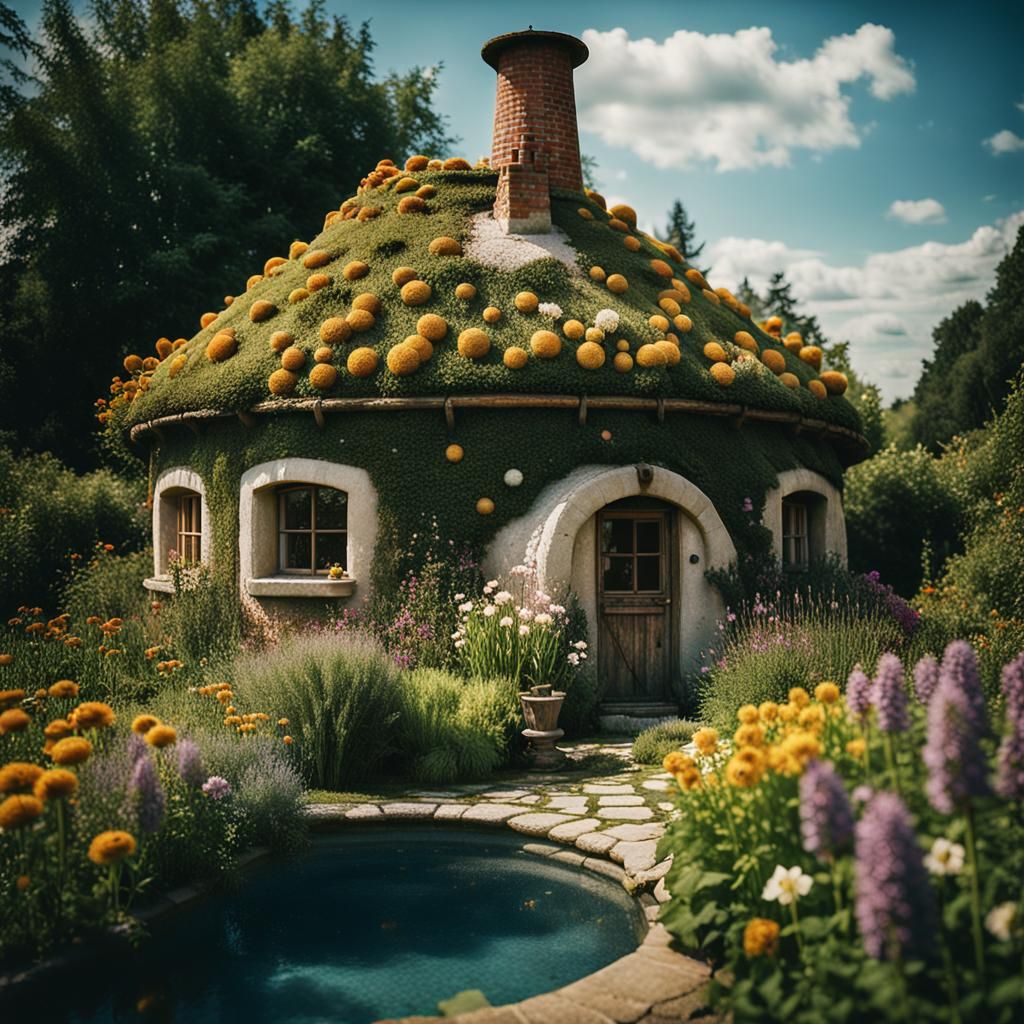 Cinematic Cob House in Garden of Flowers