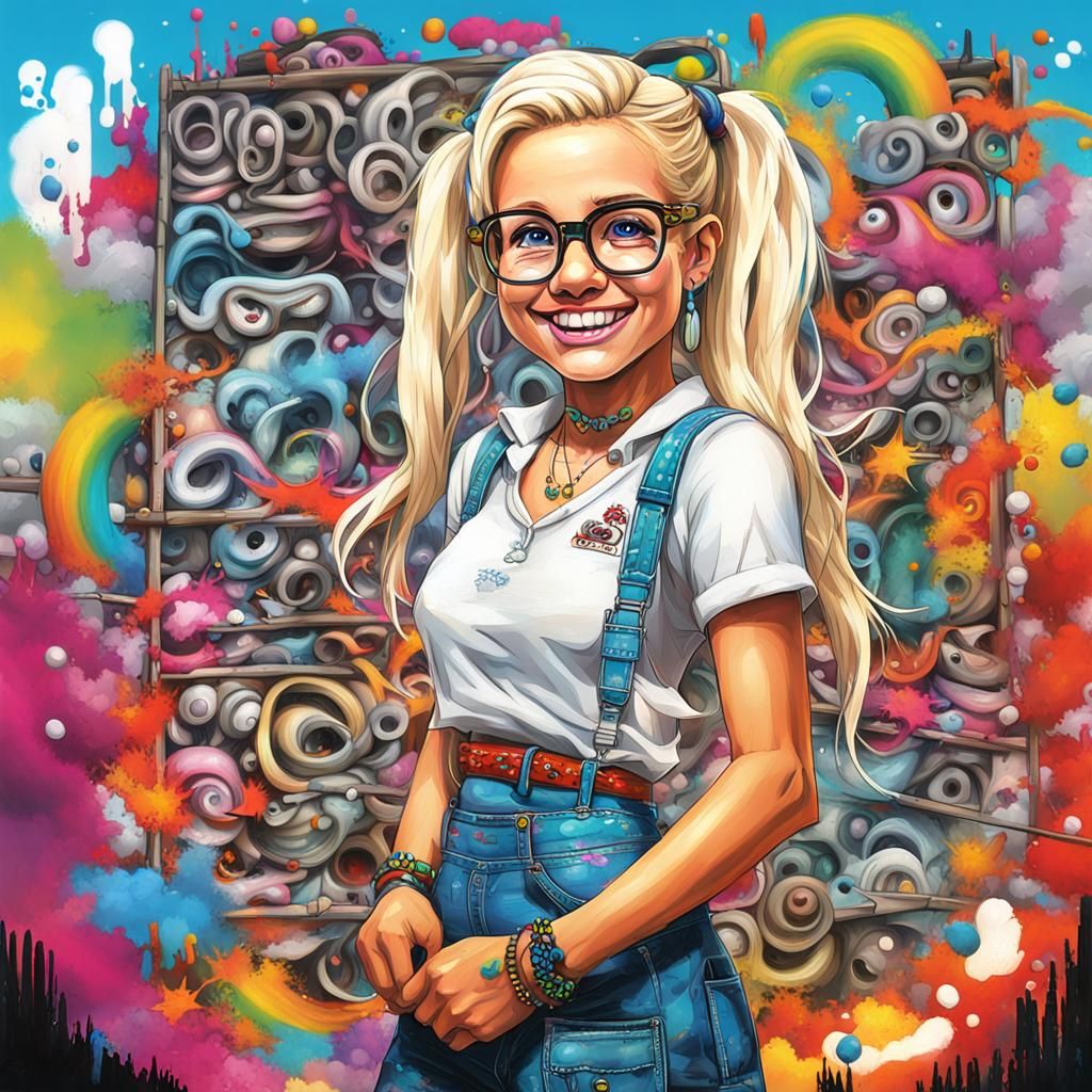 Nerdy 80s Girl with Braces in Graffiti Art Style