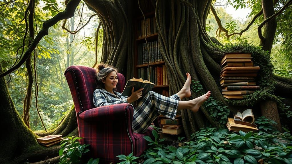 Enchanted Forest Library: Woman Reading in Tree