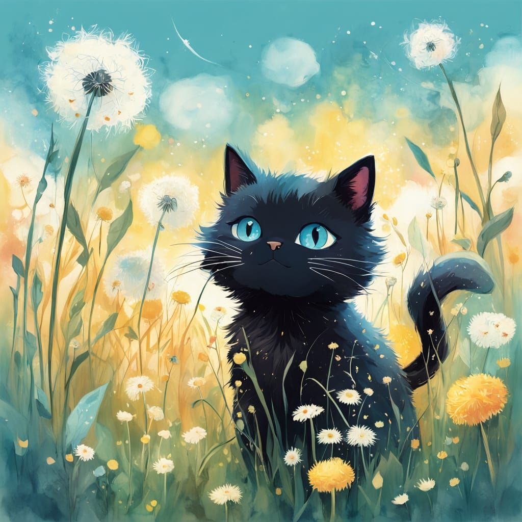 Whimsical Black Cat in Sunny Dandelion Field