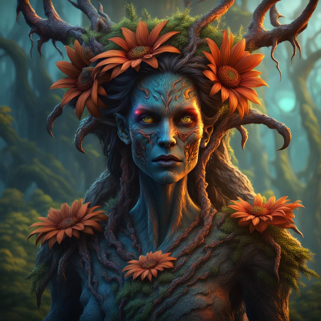 Fantastical Fire Daisy Wendigo Dryad: Detailed Matte Paintin...