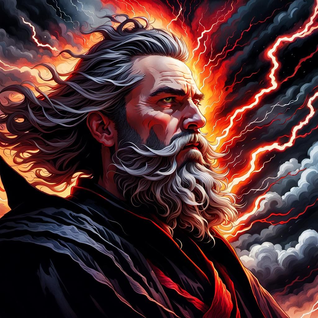 Bearded Wizard Conjuring Lightning in Watercolor Style
