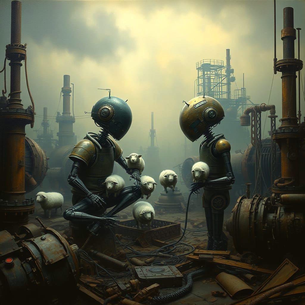 Androids Dream of Electric Sheep: Steampunk Oil Painting