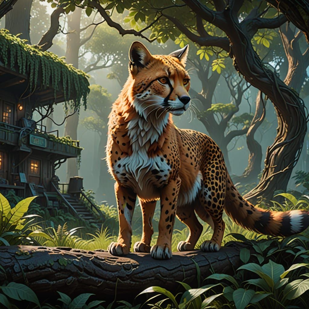 Majestic Cheetah-Fox Hybrid in Enchanted Forest