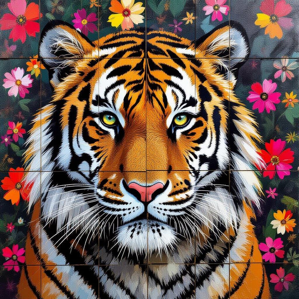 Close-Up Tiger Portrait in Grid Style