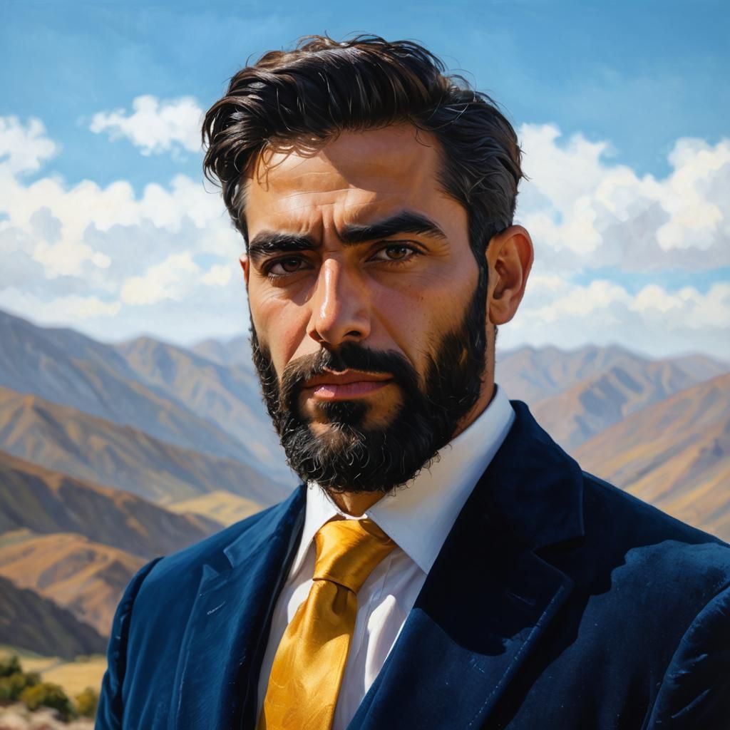 Iranian Man in Velvet Suit, Neo-Impressionist Oil Painting