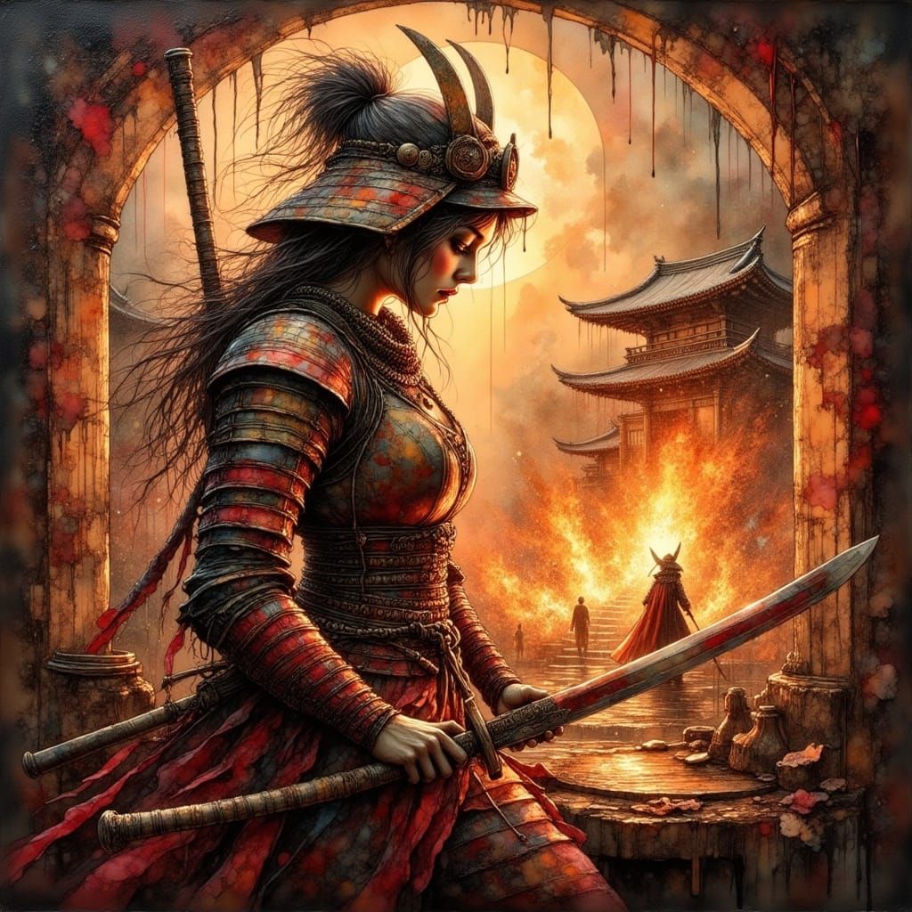 Samurai Woman With Fiery Katana In Dark Oil Painting