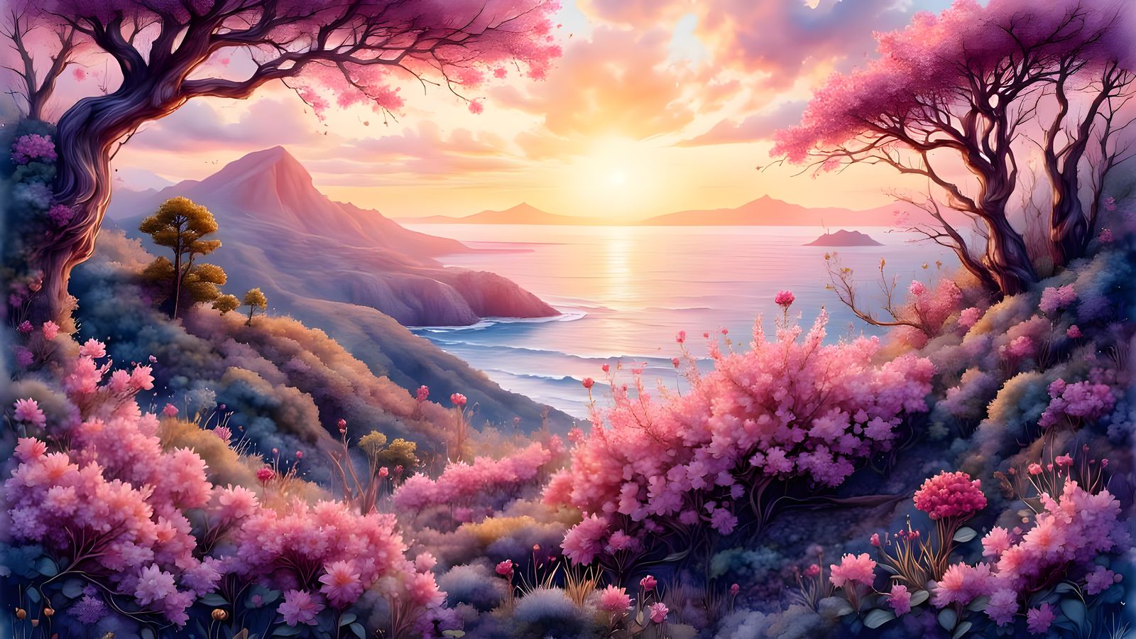 Sunrise Mountainscape with Blooming Bushland and Ocean