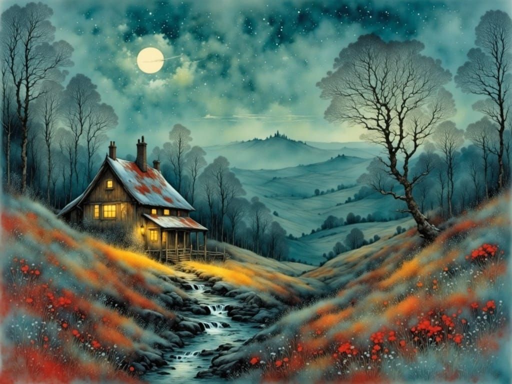Winter Wonderland Scene with Cozy House and Lonely Hiker