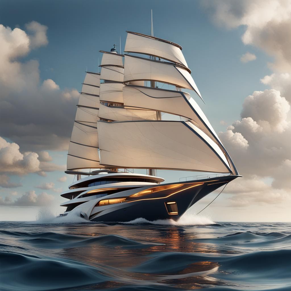 Hypermodern Yacht on the Ocean: Detailed Matte Painting