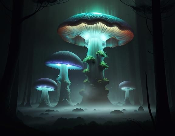 Jellyfish and Toadstool in Mystical Forest