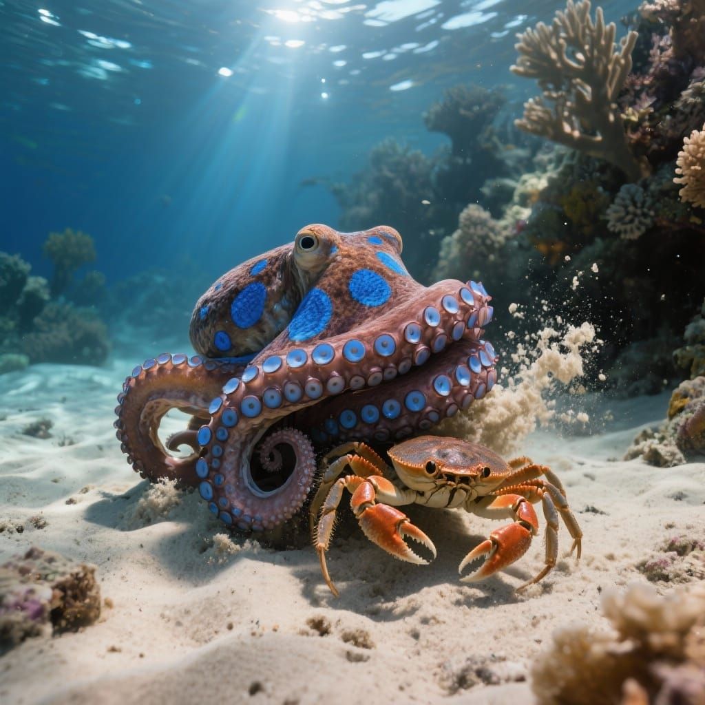Blue-Ringed Octopus Captures Crab in Coral Reef