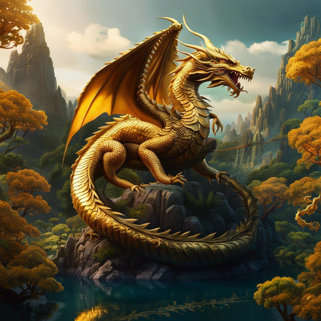 Golden Dragon Flying Above Island, Matte Painting