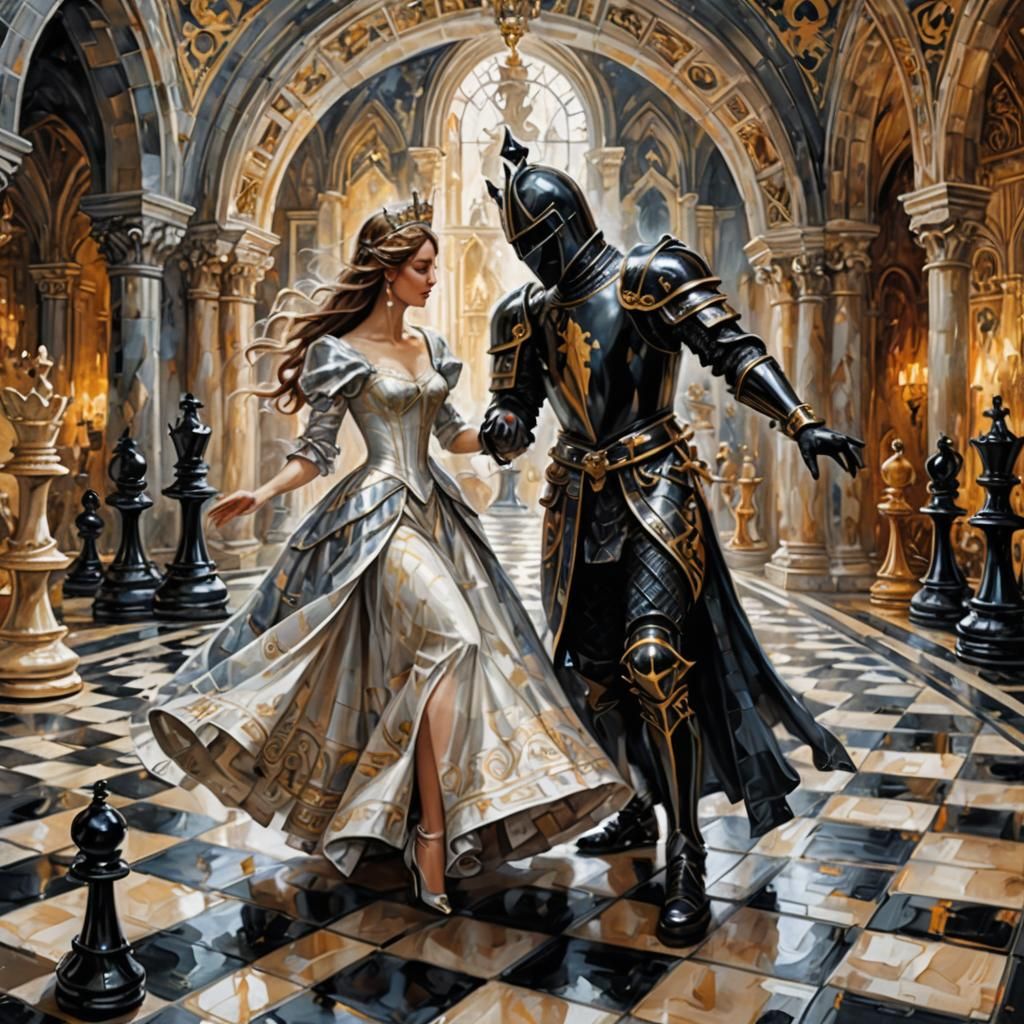 Chess Knight and Queen Dance: Oil Painting