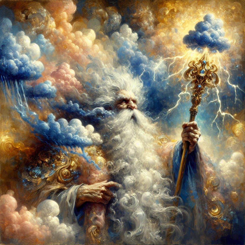 Powerful Wizard with Storm Cloud Beard as Oil Painting