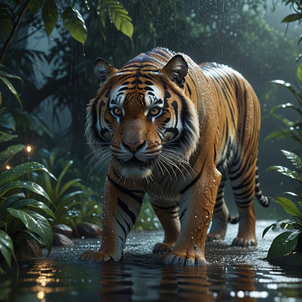 Tiger Prowls Through Rain-Soaked Jungle in 3D