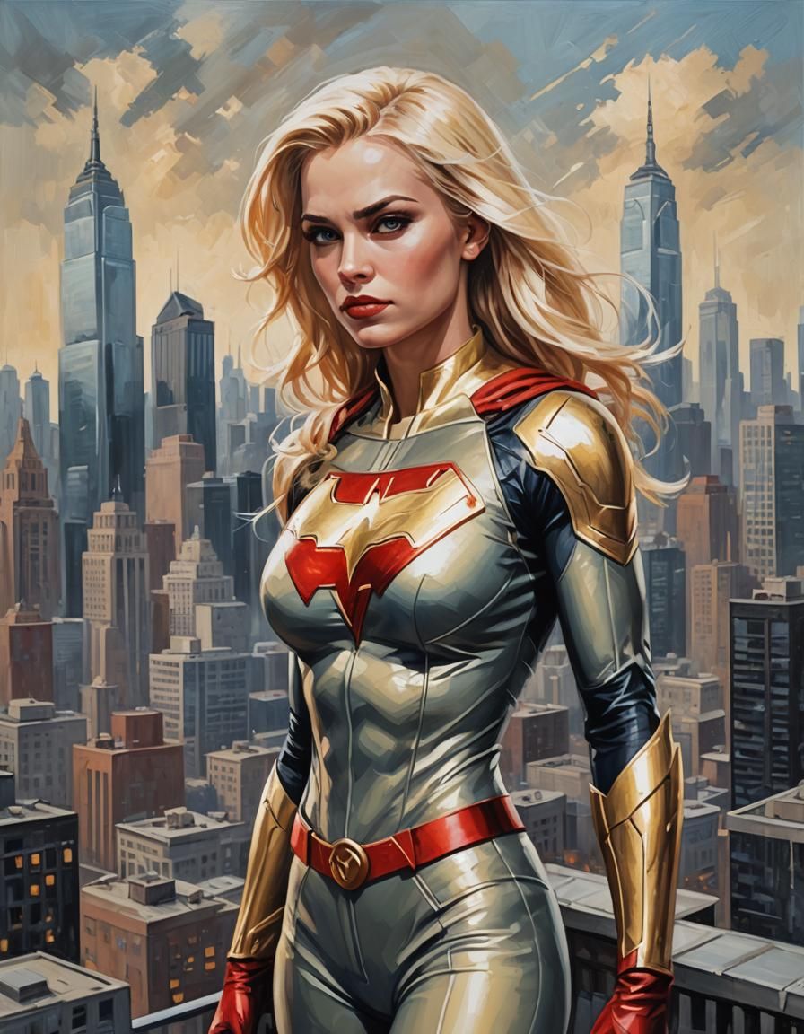 A beautiful young blonde female superhero, metropolitan skyl...