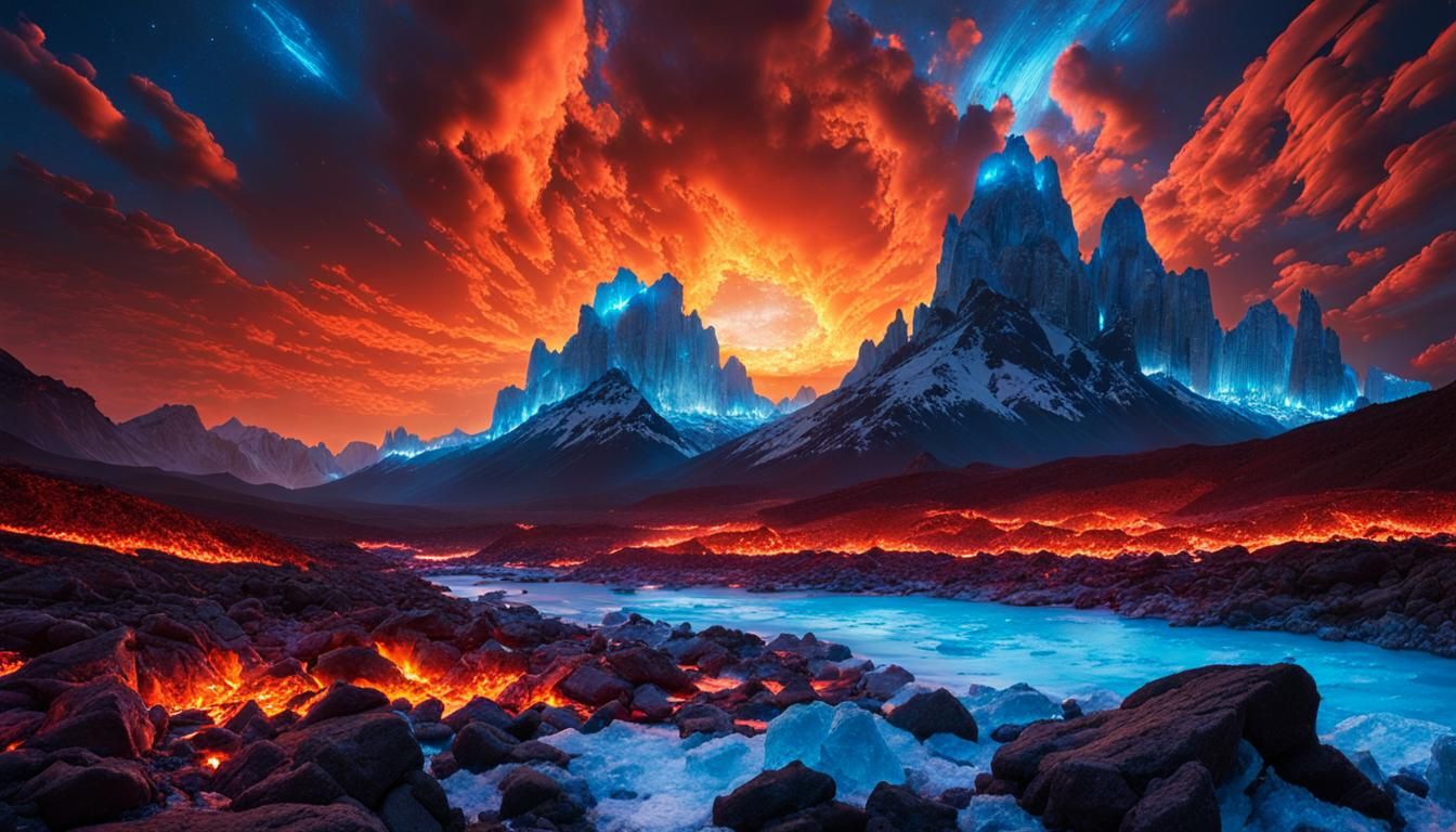 Bioluminescent Sky with Ice and Fire Landscape