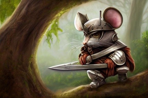 Noble Mouse Knight on Branch, Whimsical Fantasy Art
