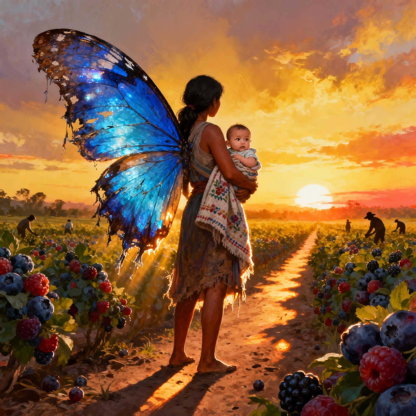 Woman With Butterfly Wings and Baby at Sunset