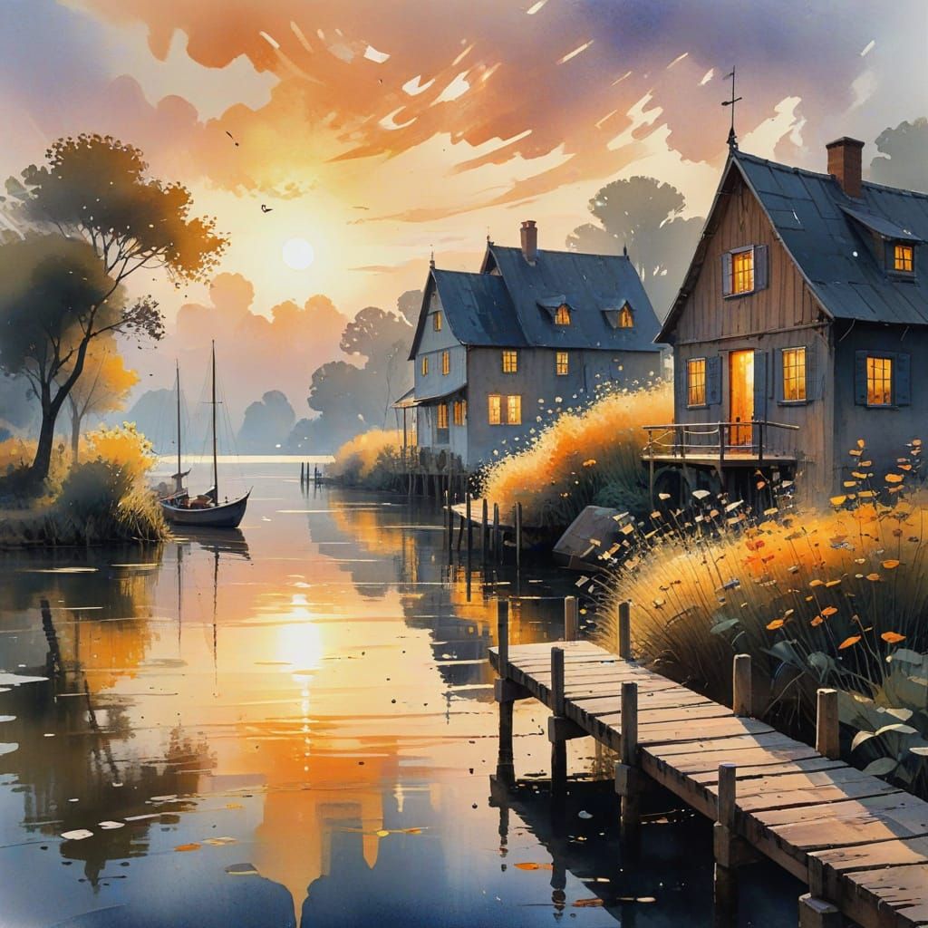 Tranquil Village Sunset with Wooden Dock and Charming House