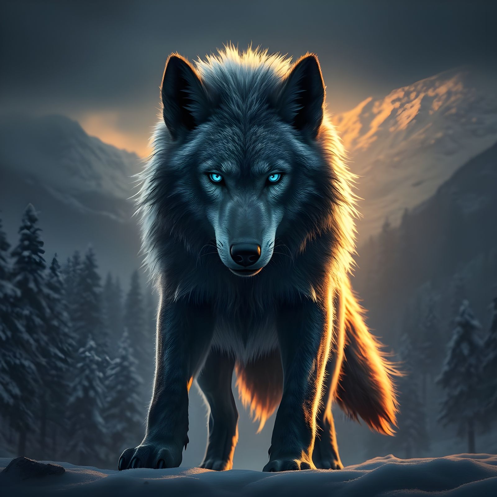 Grey Werewolf in Pine Forest Winter Landscape