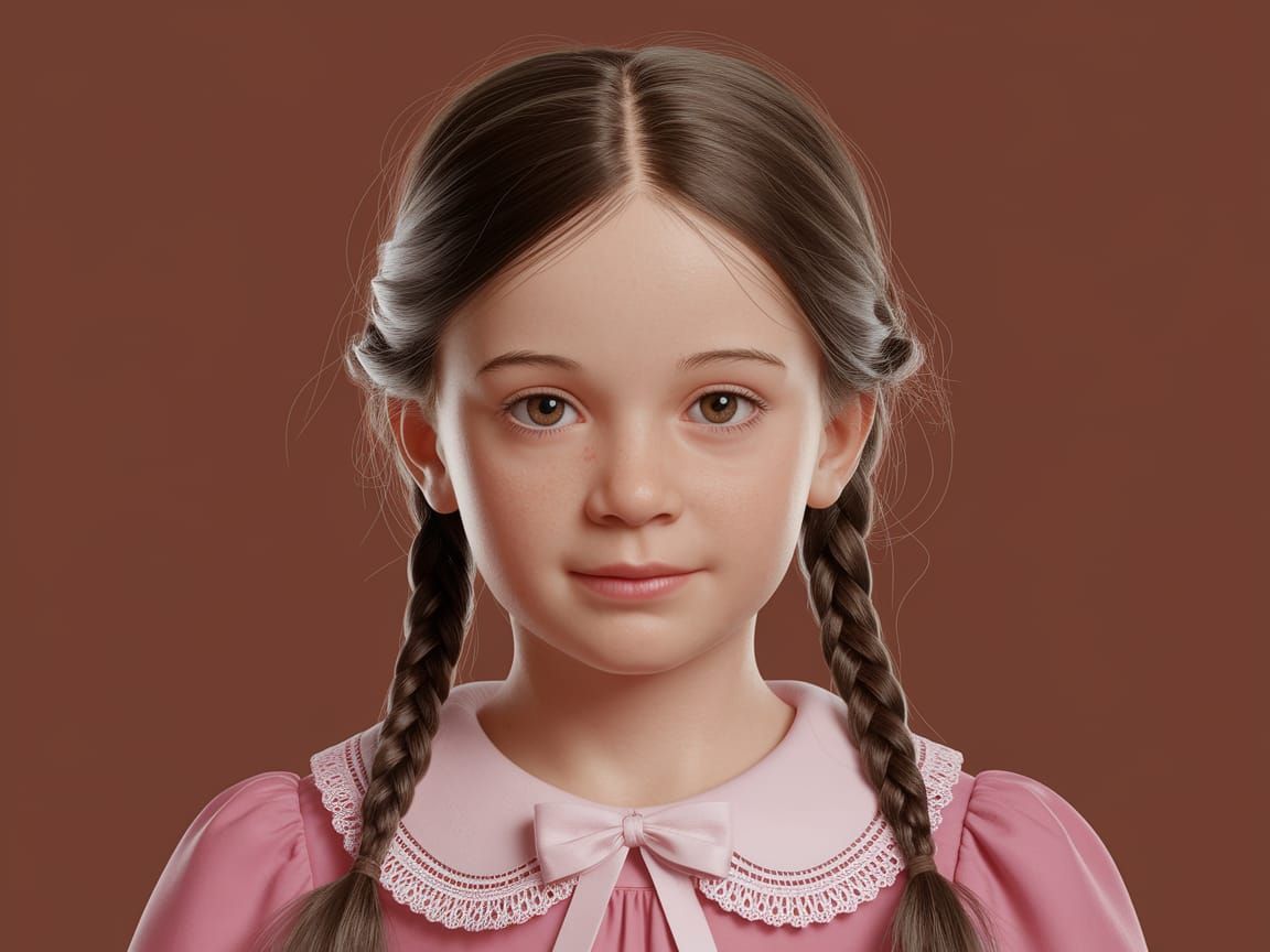 Young Girl in Braids, Pink Dress, and Lace Collar