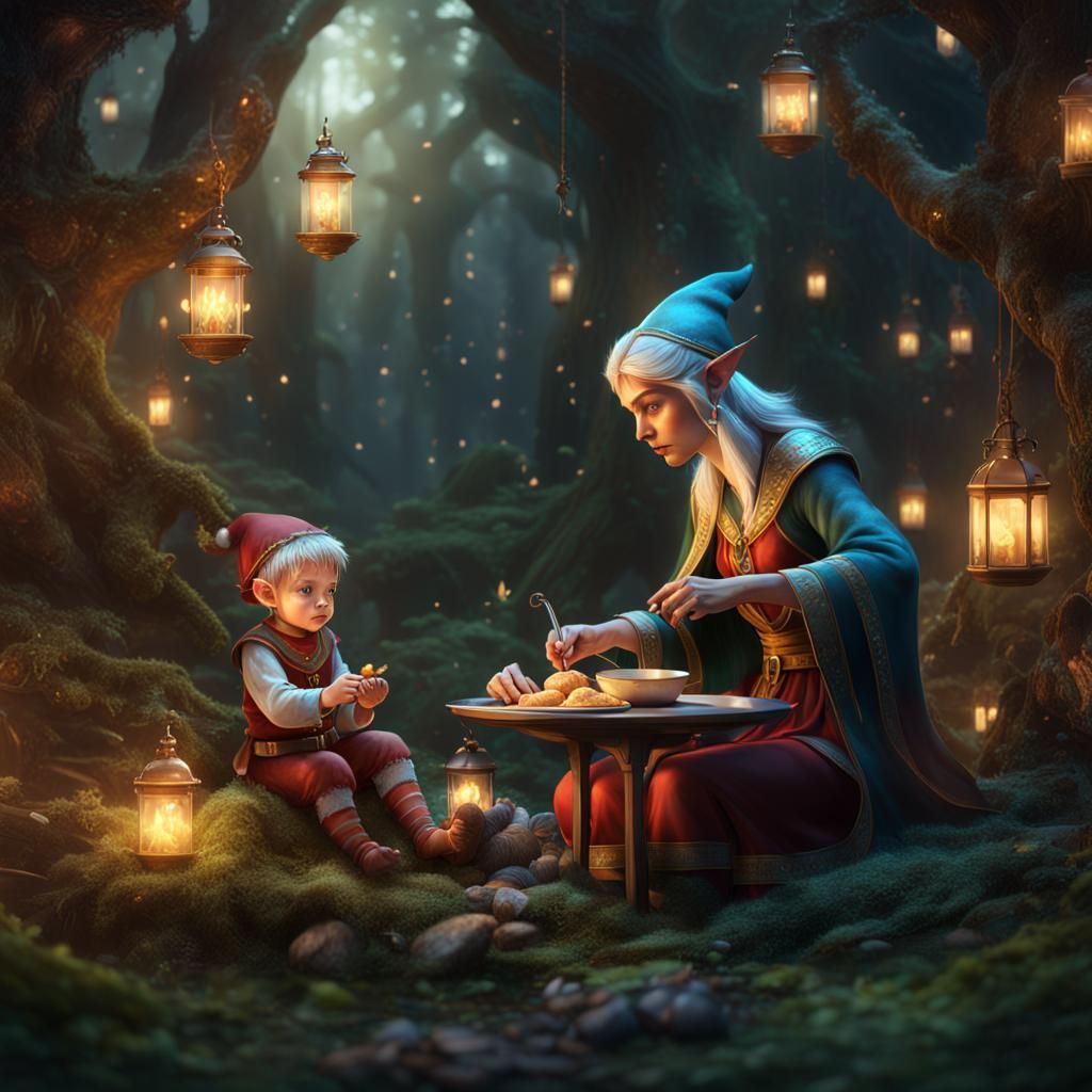 Magical Elf Mother and Unusual Baby, Detailed Matte Painting